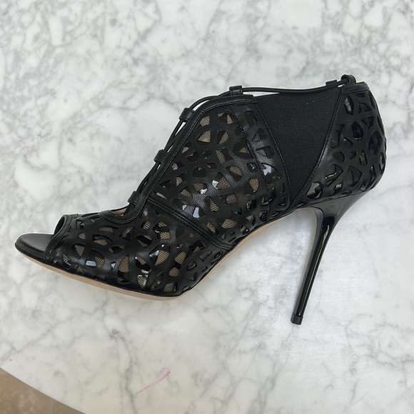 Jimmy Choo Nappa /Shiny Fab Black Laser Cut Peep Toe Bootie.  NEW. 38 - Picture 2 of 8